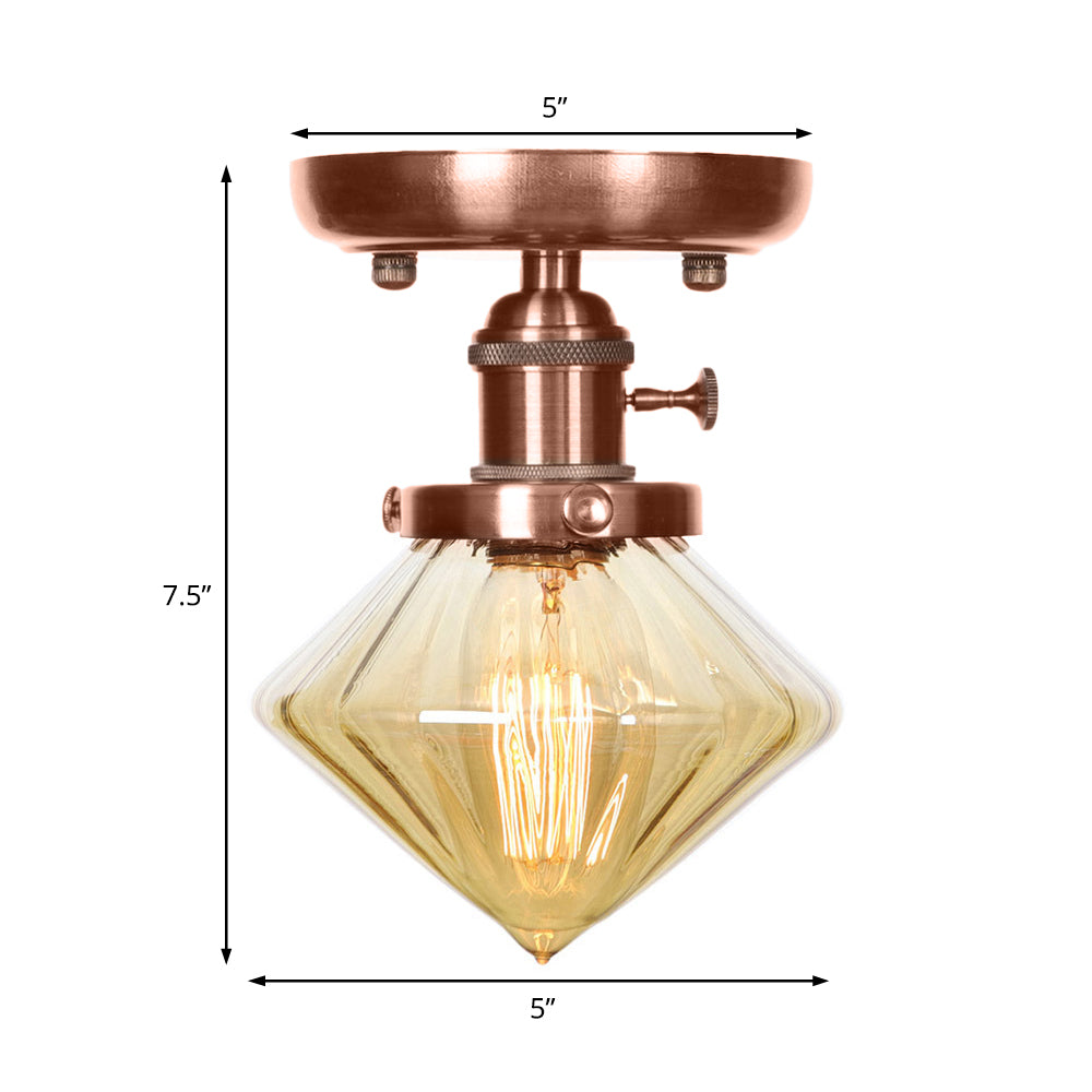 Plafonnier semi-encastré en cuivre vieilli industriel avec verre transparent/ambre - Luminaire à 1 ampoule en forme de cône/cloche