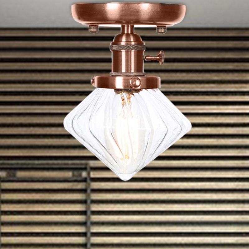 Plafonnier semi-encastré en cuivre vieilli industriel avec verre transparent/ambre - Luminaire à 1 ampoule en forme de cône/cloche