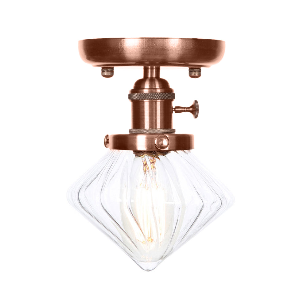 Plafonnier semi-encastré en cuivre vieilli industriel avec verre transparent/ambre - Luminaire à 1 ampoule en forme de cône/cloche