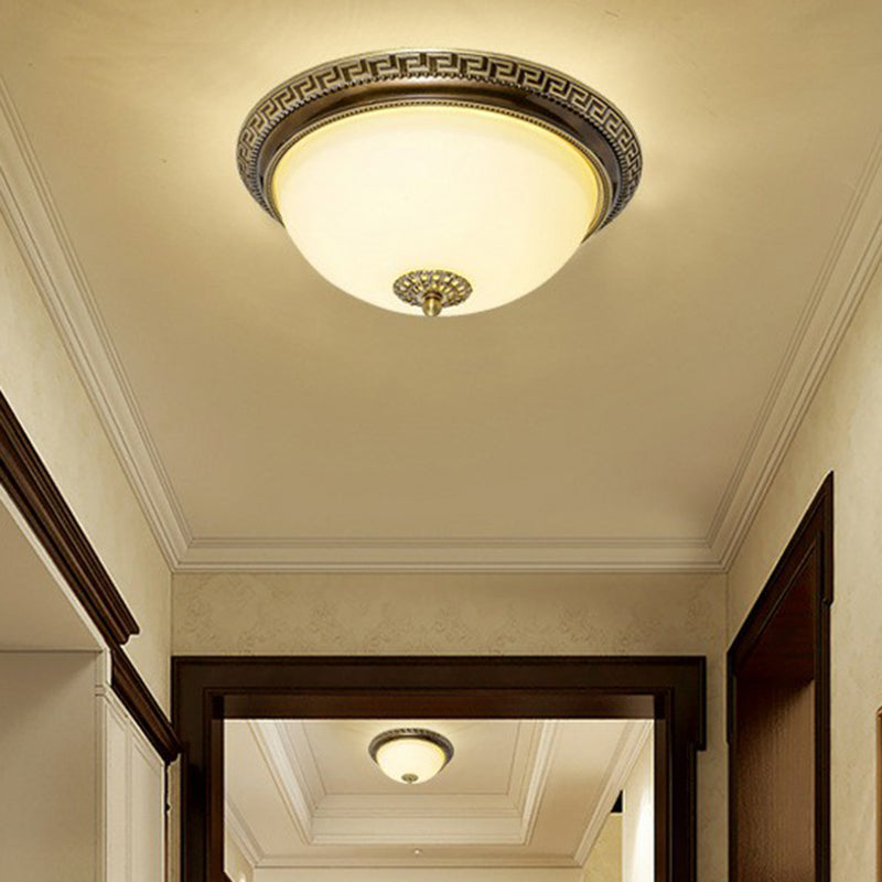 Rustic Cream Glass & Brown LED Flush Ceiling Light Fixture for Living Room, Bowl Shade Design