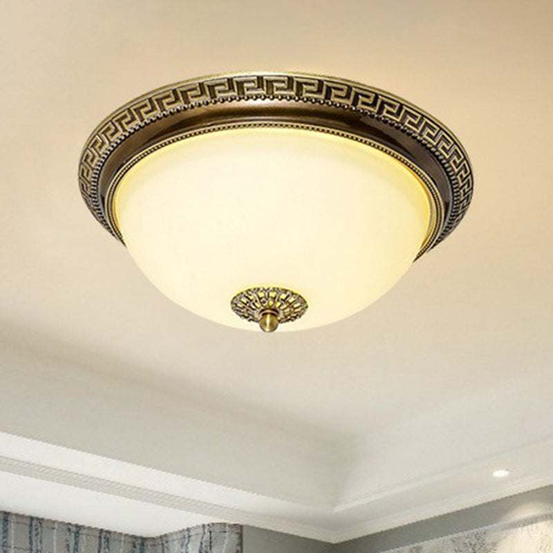 Rustic Cream Glass & Brown LED Flush Ceiling Light Fixture for Living Room, Bowl Shade Design