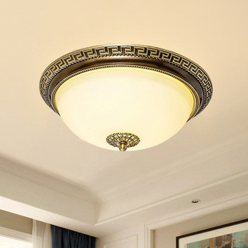 Rustic Cream Glass & Brown LED Flush Ceiling Light Fixture for Living Room, Bowl Shade Design