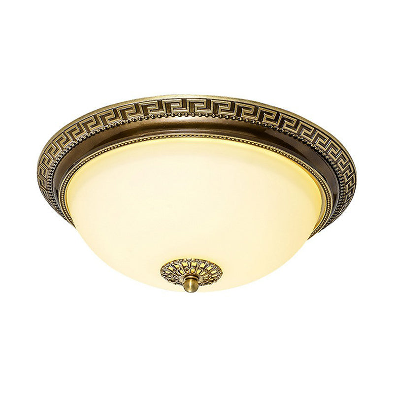 Rustic Cream Glass & Brown LED Flush Ceiling Light Fixture for Living Room, Bowl Shade Design