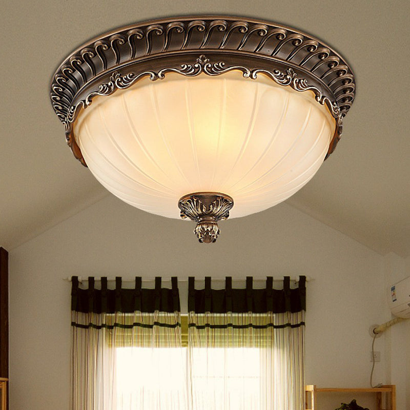 Classic Brown Ribbed Glass Dome Flush Mount Lighting Fixture - 3 Heads - Ideal for Bedroom