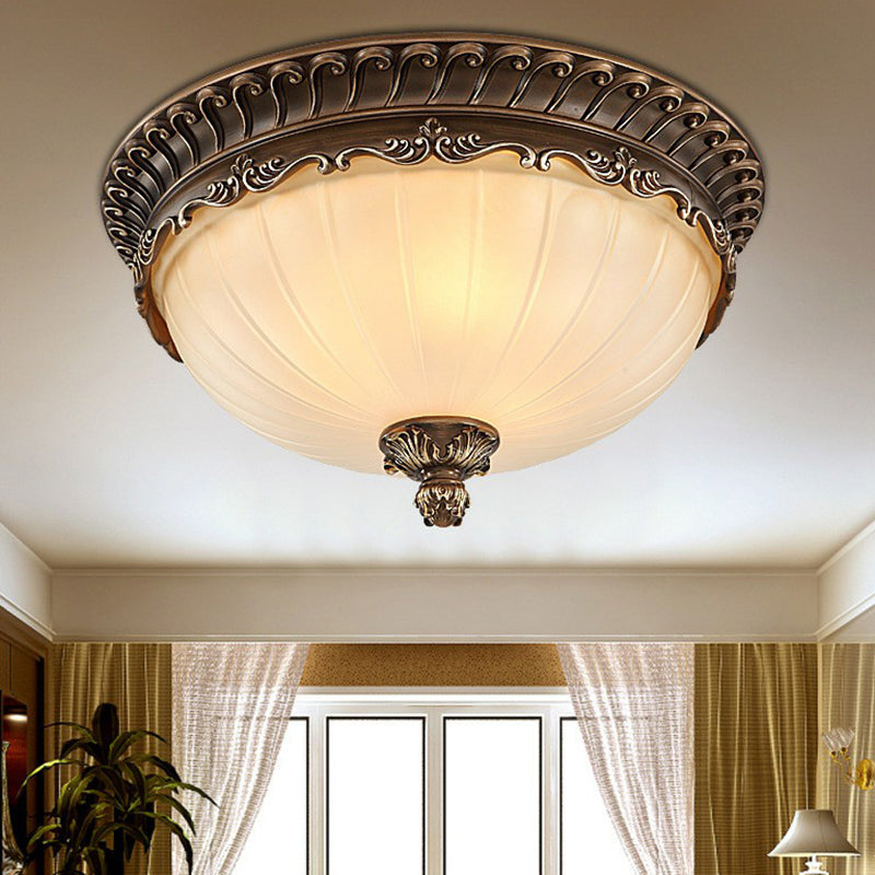 Classic Brown Ribbed Glass Dome Flush Mount Lighting Fixture - 3 Heads - Ideal for Bedroom