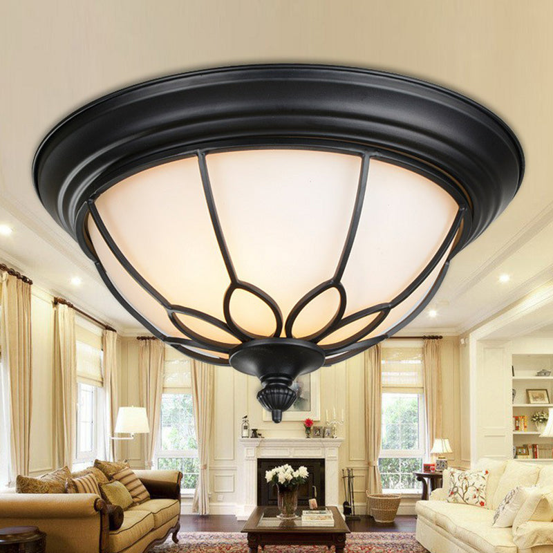 Retro Floral Iron Flush Mount Ceiling Light with Opal Glass Shade - Set of 2