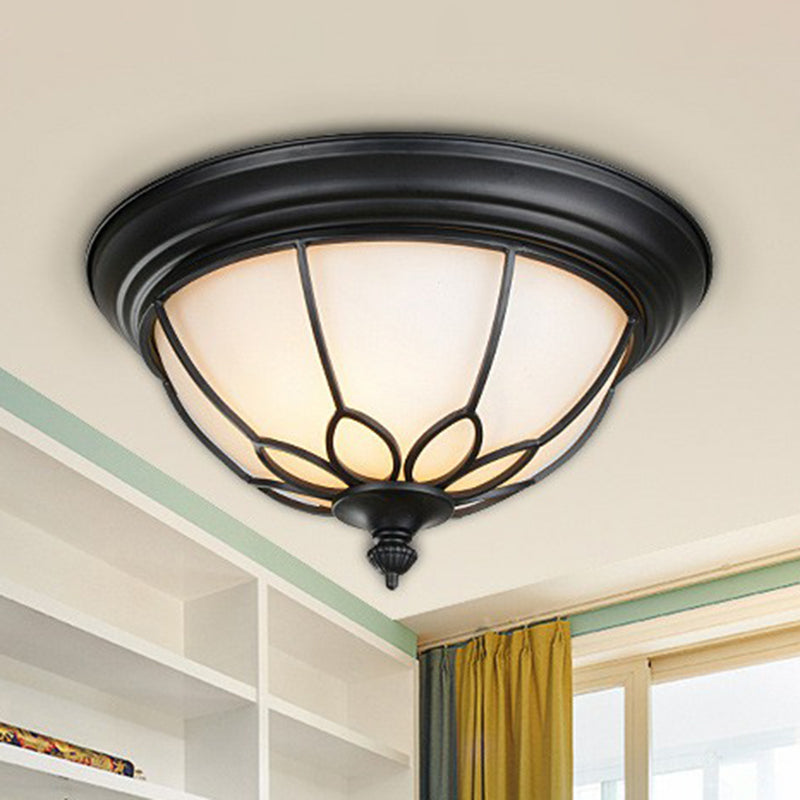 Retro Floral Iron Flush Mount Ceiling Light with Opal Glass Shade - Set of 2