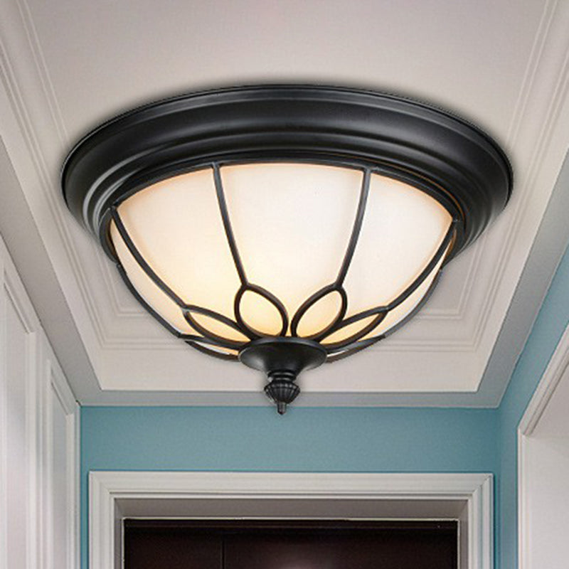 Retro Floral Iron Flush Mount Ceiling Light With Opal Glass Shade - Set Of 2