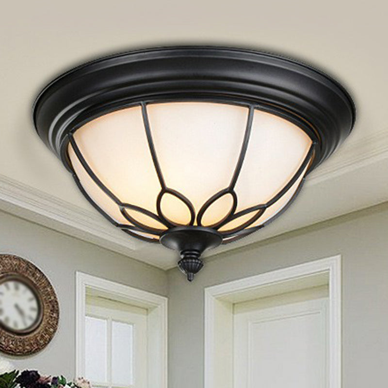 Retro Floral Iron Flush Mount Ceiling Light With Opal Glass Shade - Set Of 2