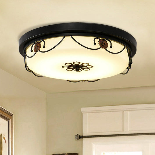 Vintage Opal Glass Drum LED Flush Ceiling Light for Bedroom, Black Floral Decor