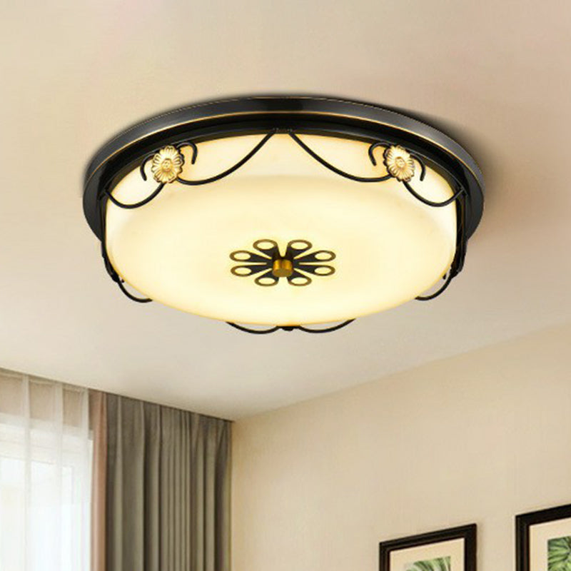 Black Retro LED Flush Mount Bedroom Ceiling Light with Cream Glass