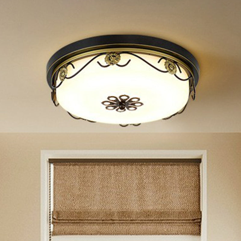 Rustic LED Drum Ceiling Light with Opal Glass and Decorative Flower Design
