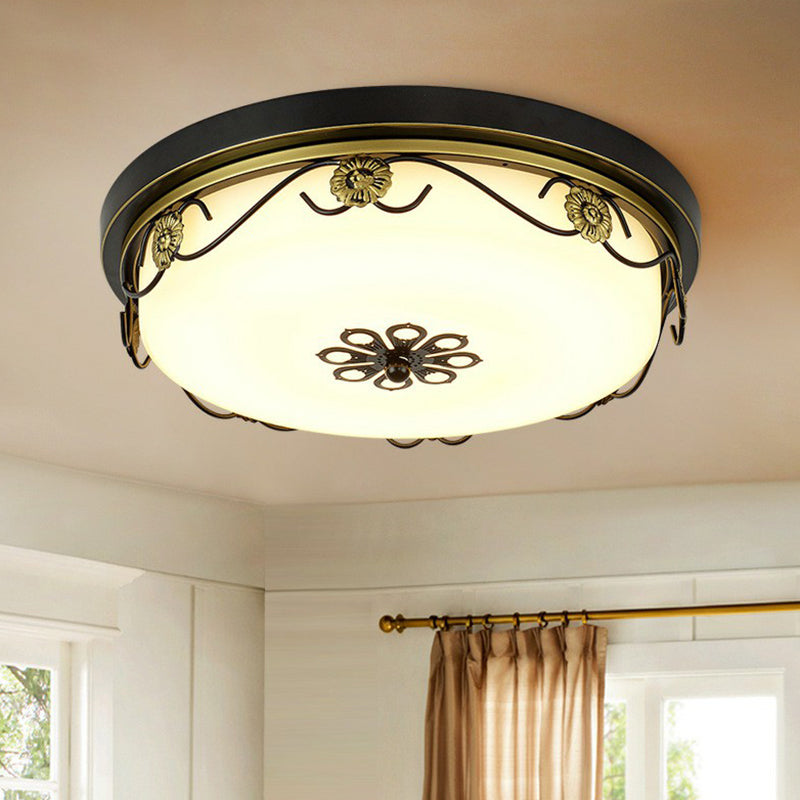 Rustic LED Drum Ceiling Light with Opal Glass and Decorative Flower Design