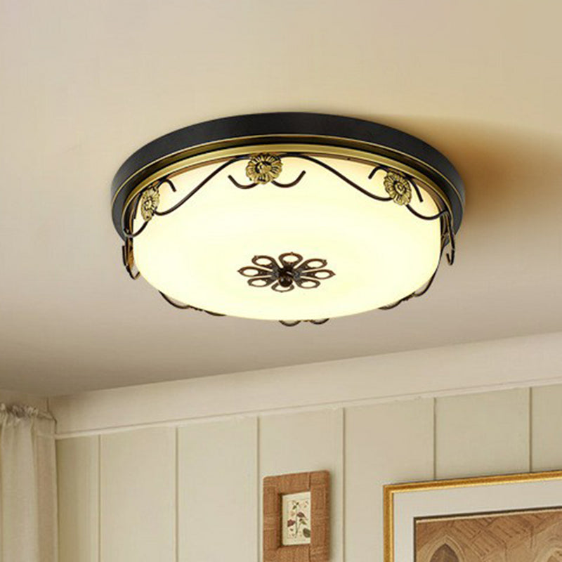 Rustic LED Drum Ceiling Light with Opal Glass and Decorative Flower Design