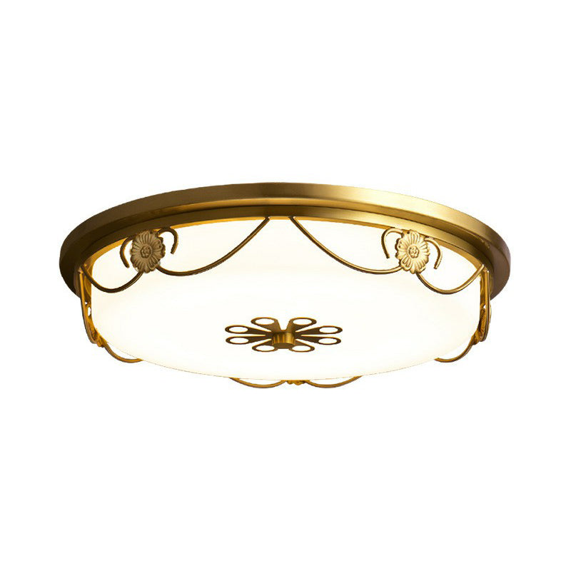 Rustic LED Drum Ceiling Light with Opal Glass and Decorative Flower Design