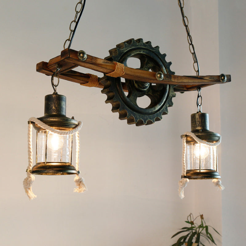 Lustre suspendu en bronze côtier : plafonnier à 2 lumières avec verre transparent et style kérosène