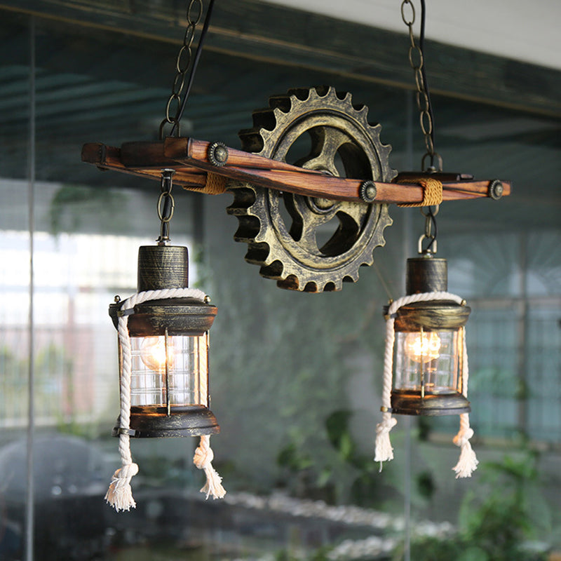 Lustre suspendu en bronze côtier : plafonnier à 2 lumières avec verre transparent et style kérosène