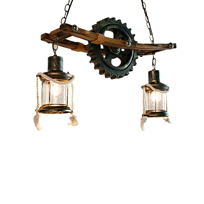 Lustre suspendu en bronze côtier : plafonnier à 2 lumières avec verre transparent et style kérosène