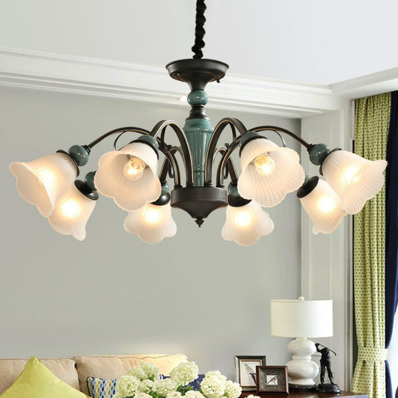 Green Vintage Floral Frosted Opal Glass Chandelier Pendant Light For Living Room 8 / Down