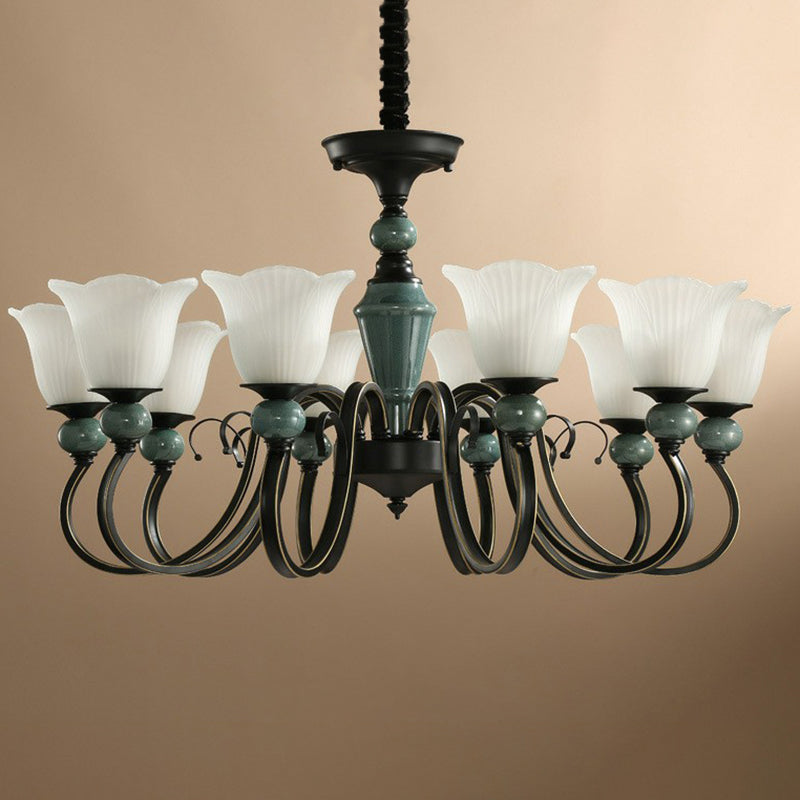 Green Vintage Floral Frosted Opal Glass Chandelier Pendant Light For Living Room