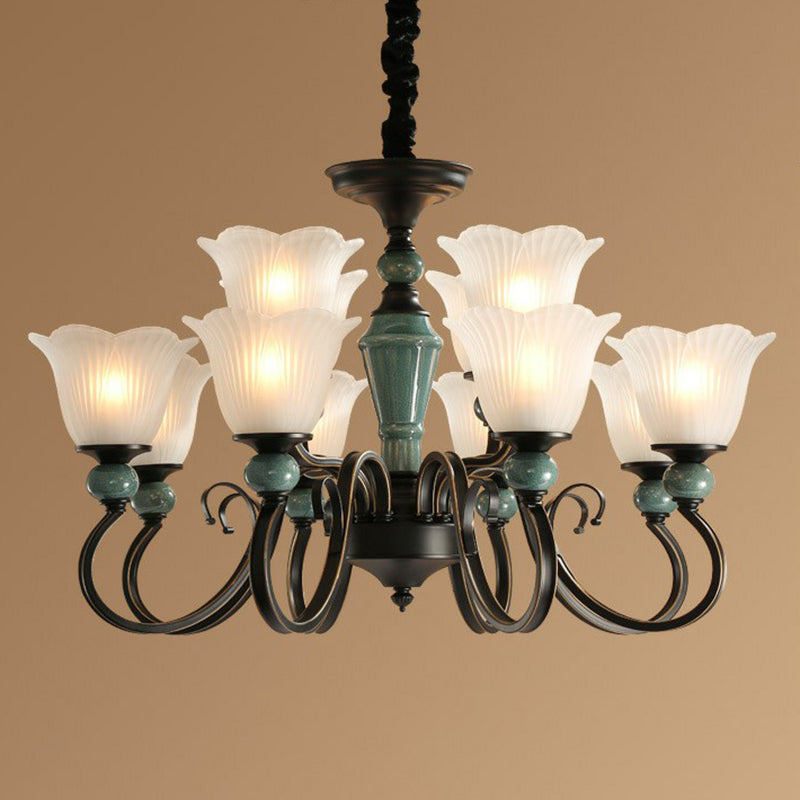 Green Vintage Floral Frosted Opal Glass Chandelier Pendant Light For Living Room 12 / Up