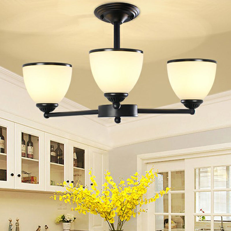 Retro Semi Flush Mount Metallic Ceiling Light with Black Finish and Bell Cream Glass Shade for Bedroom
