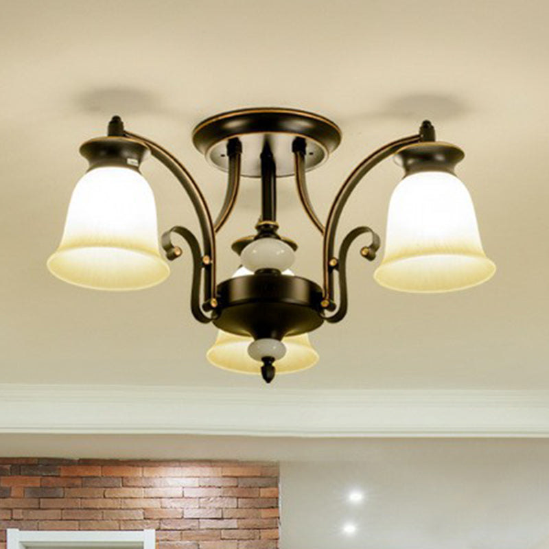 Retro Beige Glass Flared Semi Flush Light for Dining Room