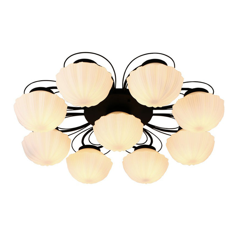Ribbed Cream Glass Black Flush Mount Chandelier: Classic Semi Light For Dining Room