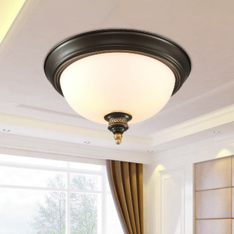 Black Inverted Dome Glass Flush Mount Lighting with 3 Classic Heads for Bedroom Fixture