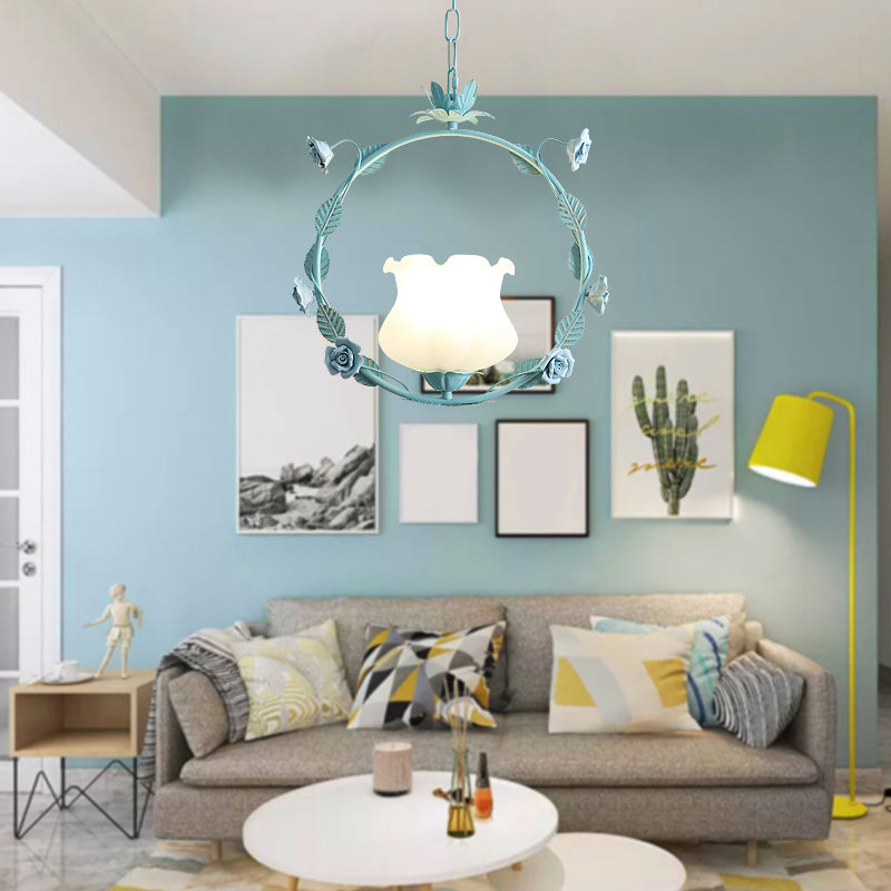 Pastoral Bud Ceiling Light - Single-Bulb Cream Glass Pendant With Floral Hoop