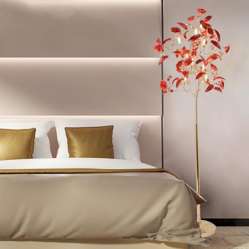 Korean Garden Rose Ceramic Led Floor Lamp With Crystal Accents - Perfect For Living Room Lighting