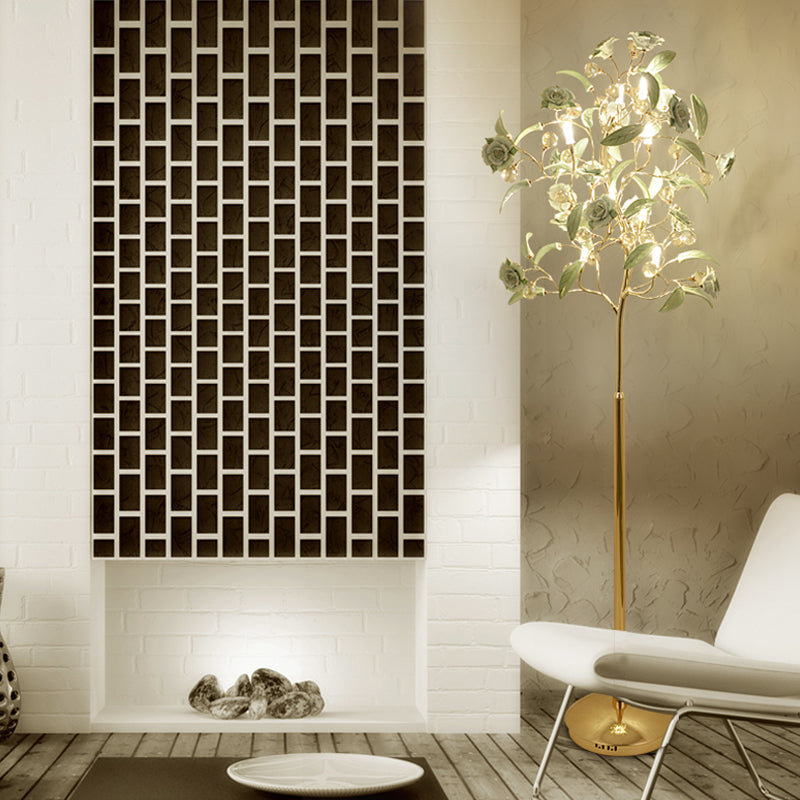 Korean Garden Rose Ceramic Led Floor Lamp With Crystal Accents - Perfect For Living Room Lighting