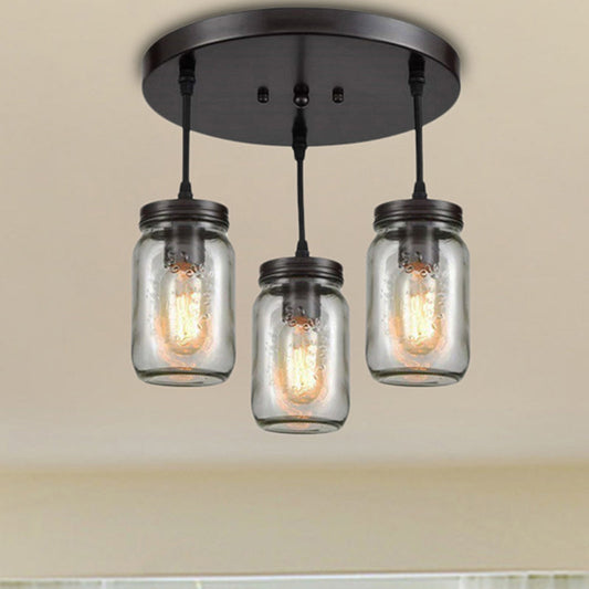 Industrial Black Mason Jar Cluster Pendant Light w/ Clear Etched Glass - 3 Lights, Perfect for Living Room Ceiling Lighting