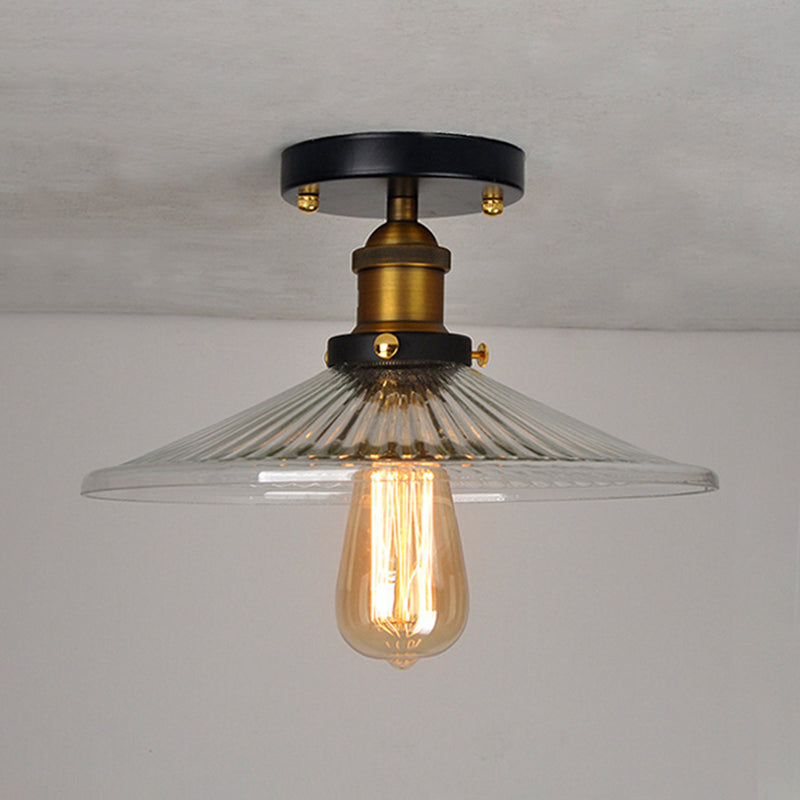 Semi Mount Ribbed Glass Cone Ceiling Light in Black/Brass/Copper - Industrial Style for Living Room - 1 Bulb