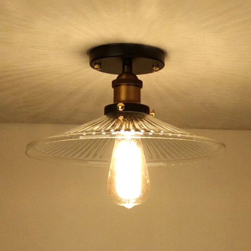 Semi Mount Ribbed Glass Cone Ceiling Light in Black/Brass/Copper - Industrial Style for Living Room - 1 Bulb