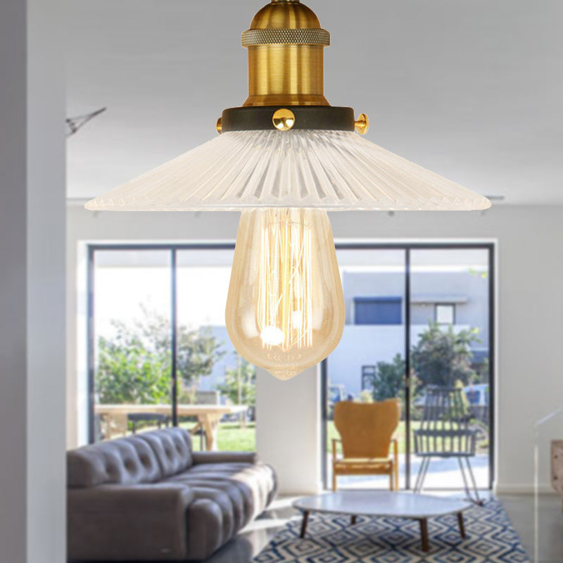 Semi Mount Ribbed Glass Cone Ceiling Light in Black/Brass/Copper - Industrial Style for Living Room - 1 Bulb