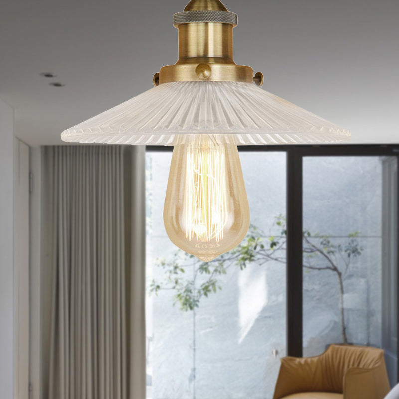 Semi Mount Ribbed Glass Cone Ceiling Light in Black/Brass/Copper - Industrial Style for Living Room - 1 Bulb