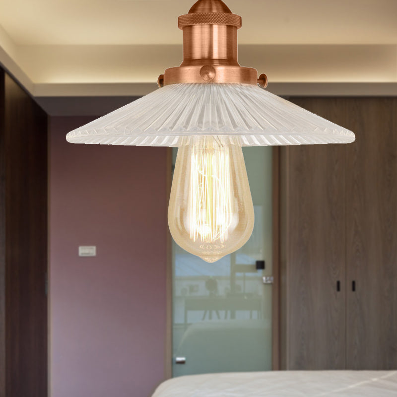 Semi Mount Ribbed Glass Cone Ceiling Light in Black/Brass/Copper - Industrial Style for Living Room - 1 Bulb