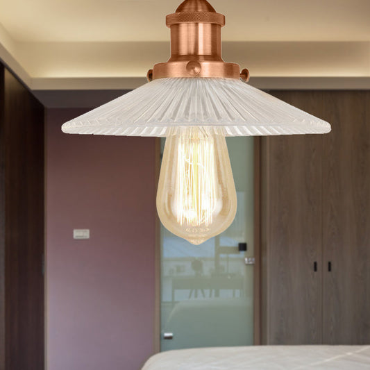 Semi Mount Ribbed Glass Cone Ceiling Light in Black/Brass/Copper - Industrial Style for Living Room - 1 Bulb