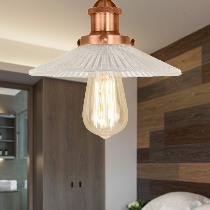 Semi Mount Ribbed Glass Cone Ceiling Light in Black/Brass/Copper - Industrial Style for Living Room - 1 Bulb