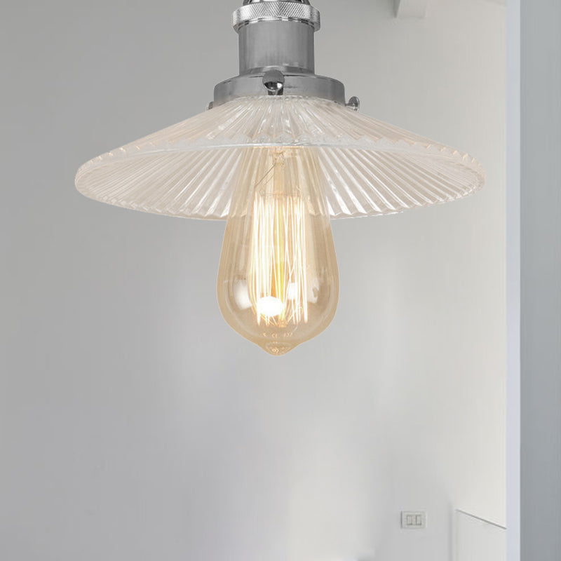 Semi Mount Ribbed Glass Cone Ceiling Light in Black/Brass/Copper - Industrial Style for Living Room - 1 Bulb