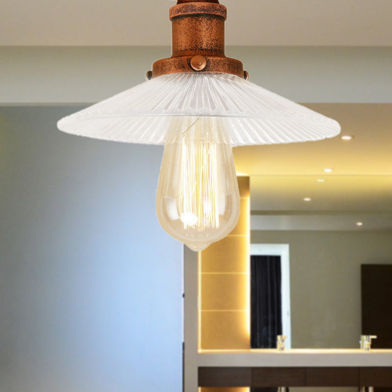 Semi Mount Ribbed Glass Cone Ceiling Light in Black/Brass/Copper - Industrial Style for Living Room - 1 Bulb
