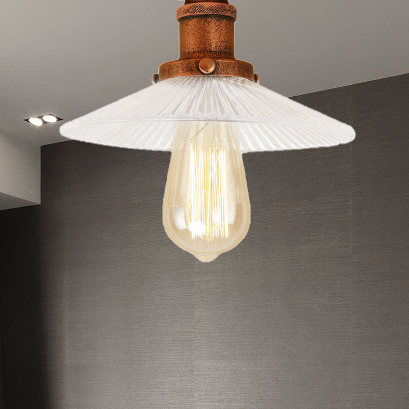 Semi Mount Ribbed Glass Cone Ceiling Light in Black/Brass/Copper - Industrial Style for Living Room - 1 Bulb
