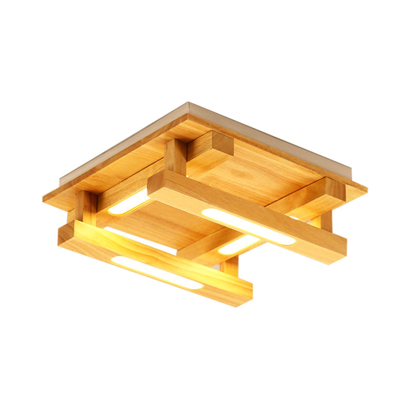 LED Flush Ceiling Light with Square Wood Shade - Modernist Brown Finish for Living Room (1/4/9 Lights) - White/Warm Light