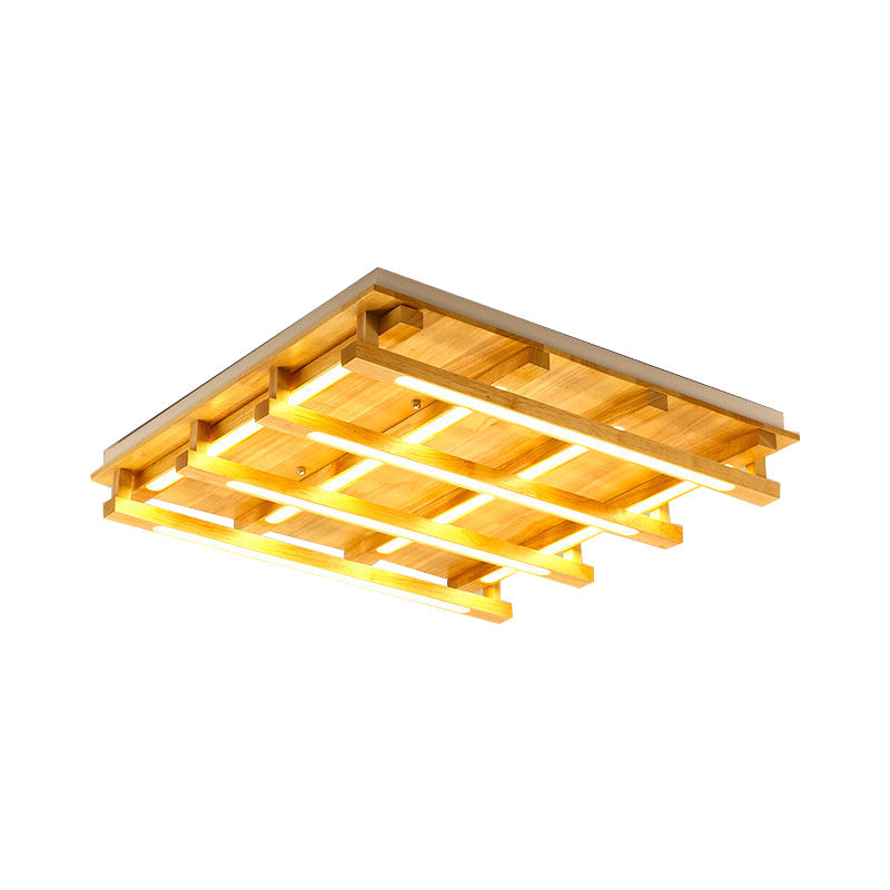 LED Flush Ceiling Light with Square Wood Shade - Modernist Brown Finish for Living Room (1/4/9 Lights) - White/Warm Light