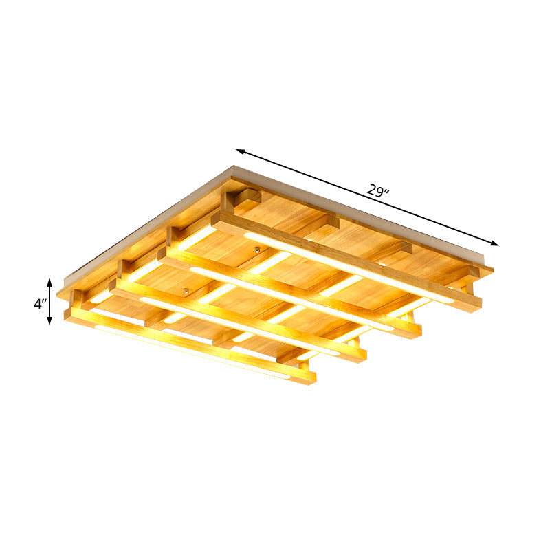 LED Flush Ceiling Light with Square Wood Shade - Modernist Brown Finish for Living Room (1/4/9 Lights) - White/Warm Light