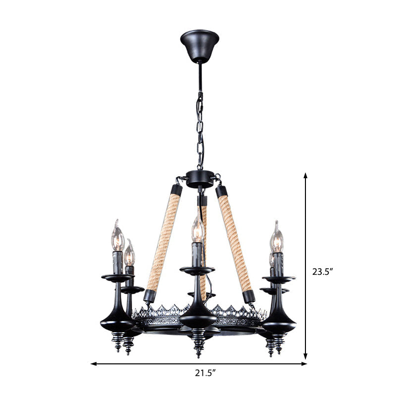 Rustic Metal and Rope Pendant Chandelier with 3/6/8 Lights - Black Candle Dining Room Hanging Ceiling Fixture