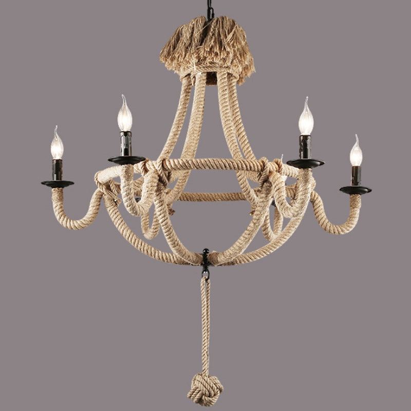 Rustic Style Candle Rope Chandelier in Beige – Dining Room Pendant Lighting (3/6 Lights)
