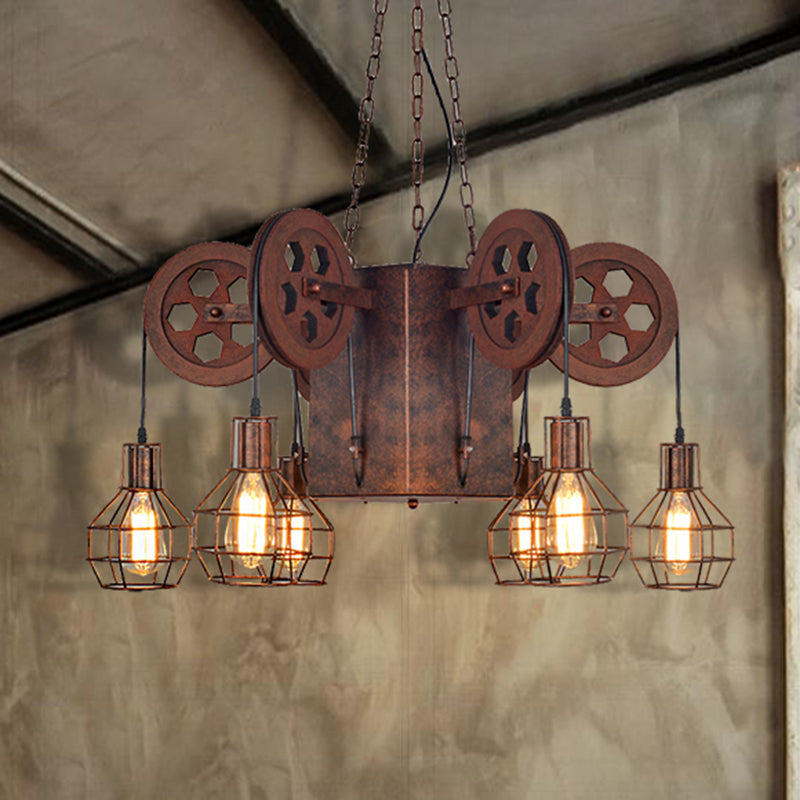Lampe à suspension industrielle en métal rouillé avec globe en cage - Luminaire et équipement de lustre à 4/6 lumières