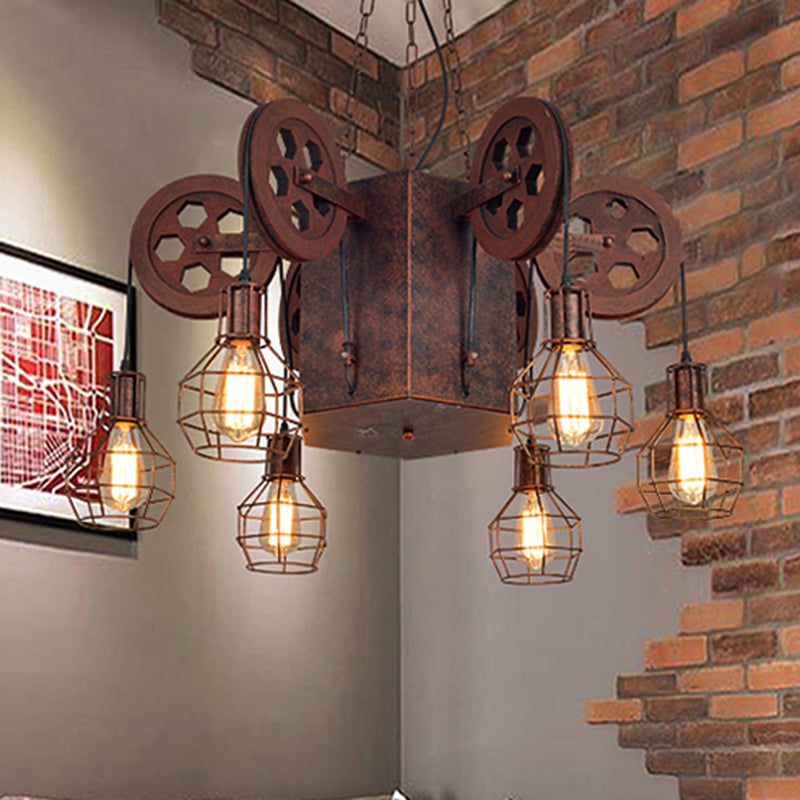 Lampe à suspension industrielle en métal rouillé avec globe en cage - Luminaire et équipement de lustre à 4/6 lumières